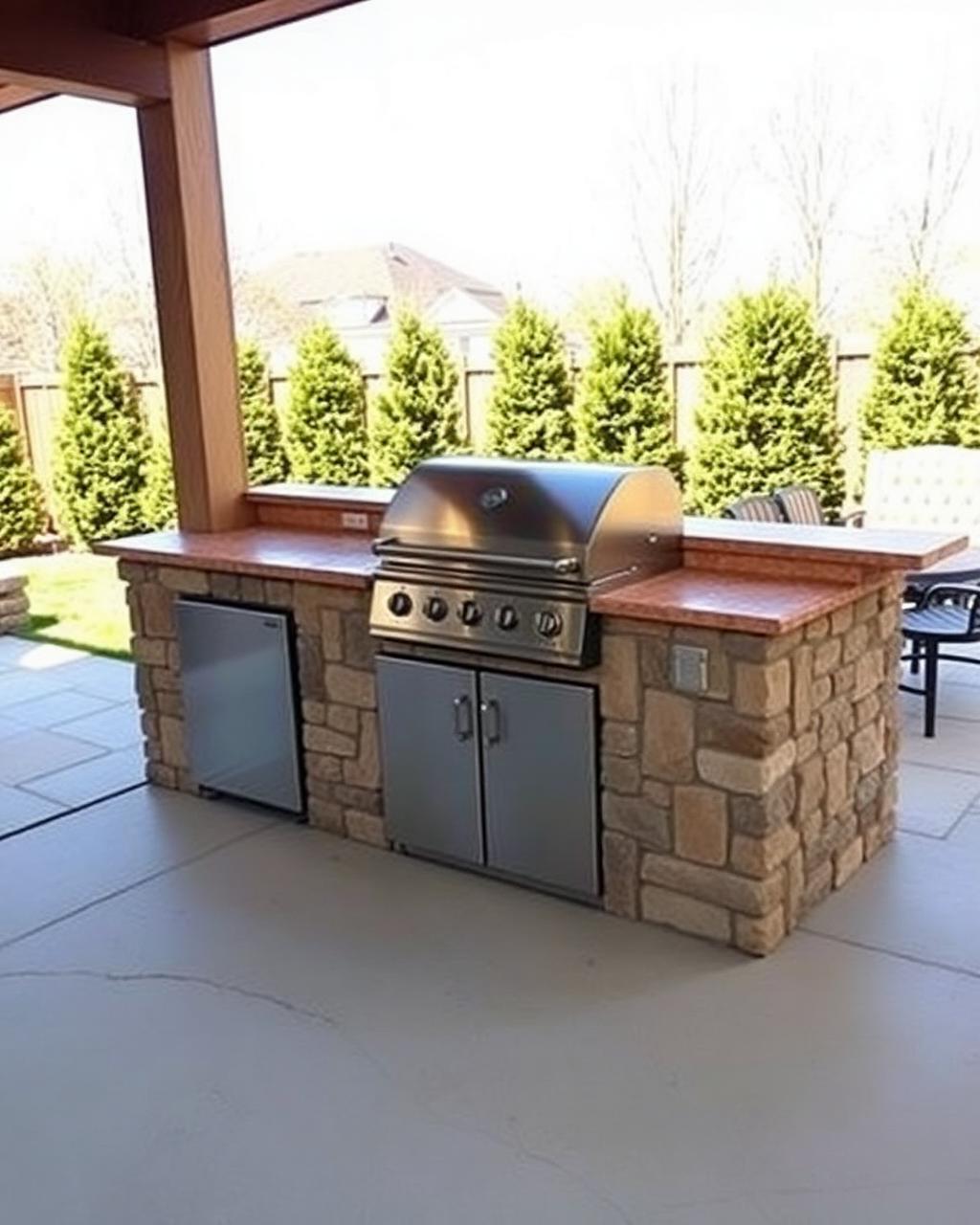 Outdoor kitchen island in stone with a built-in grill